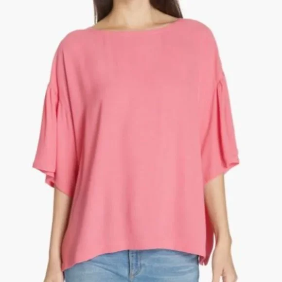 Eileen Fisher Flutter Sleeve Silk Georgette Boxy Top Pink Size 2X - Picture 1 of 10